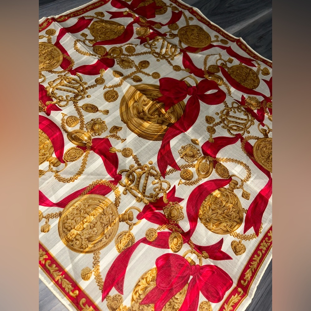Vintage Christian Dior Gold Chain Red Ribbon Cotton Handkerchief Scarf - Picture 4 of 12